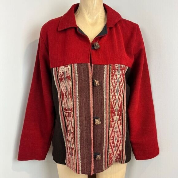 Vintage 70s Handmade Argyle Print Red Wood Button Owls Jacket Coat Size Small - Picture 1 of 16
